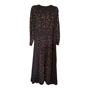 Wrap London Black Gold Polka Dot Shirred Pleated Long Sleeve Boho Maxi Dress  16